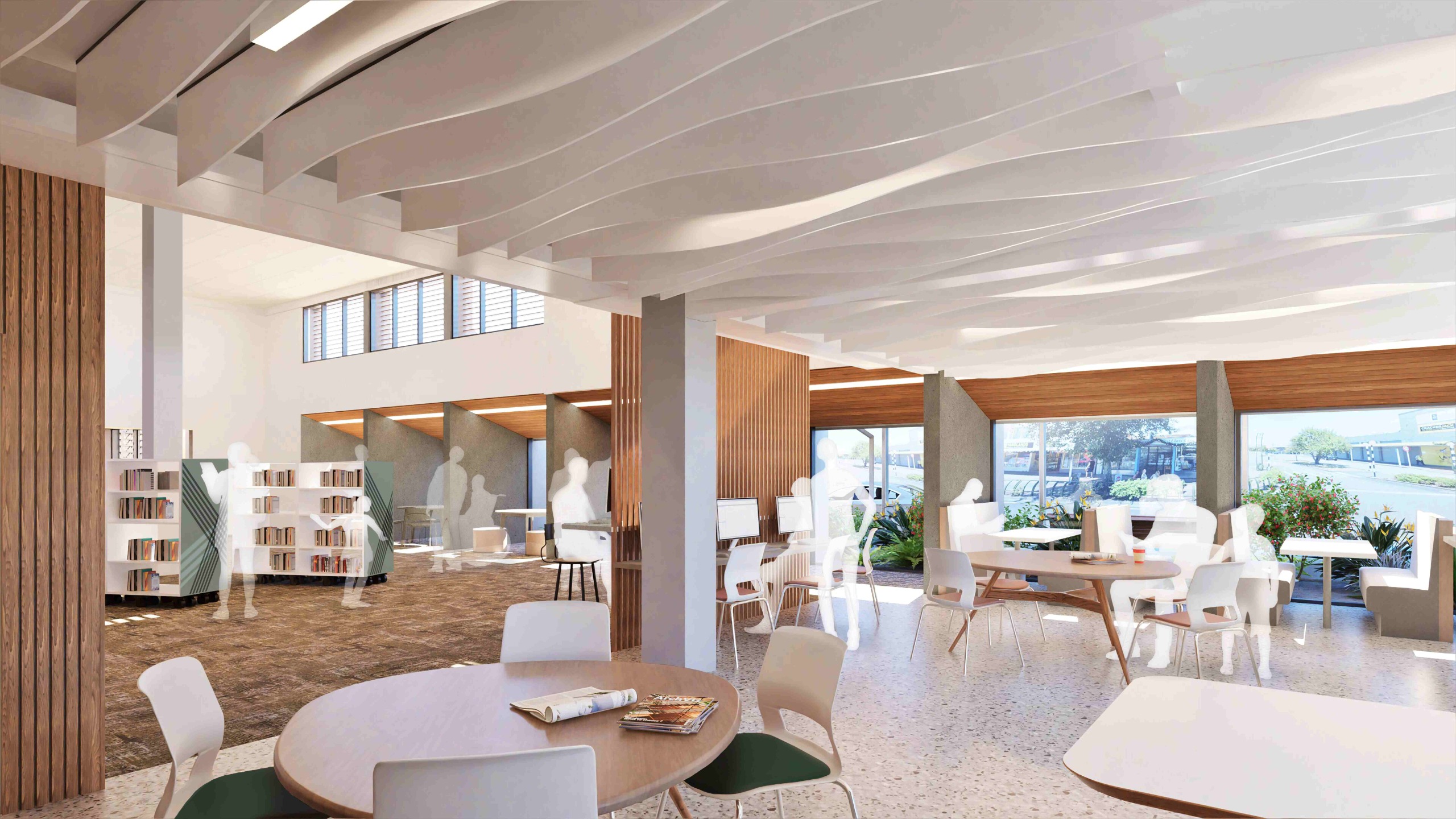 Drawing of interior of refurbished library showing stairs leading to second storey