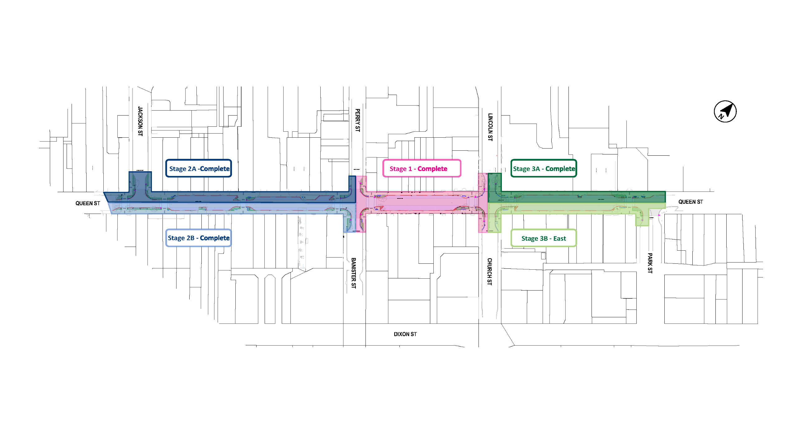 Aerial map showing stage three a in light green between Lincoln Road and Park Street