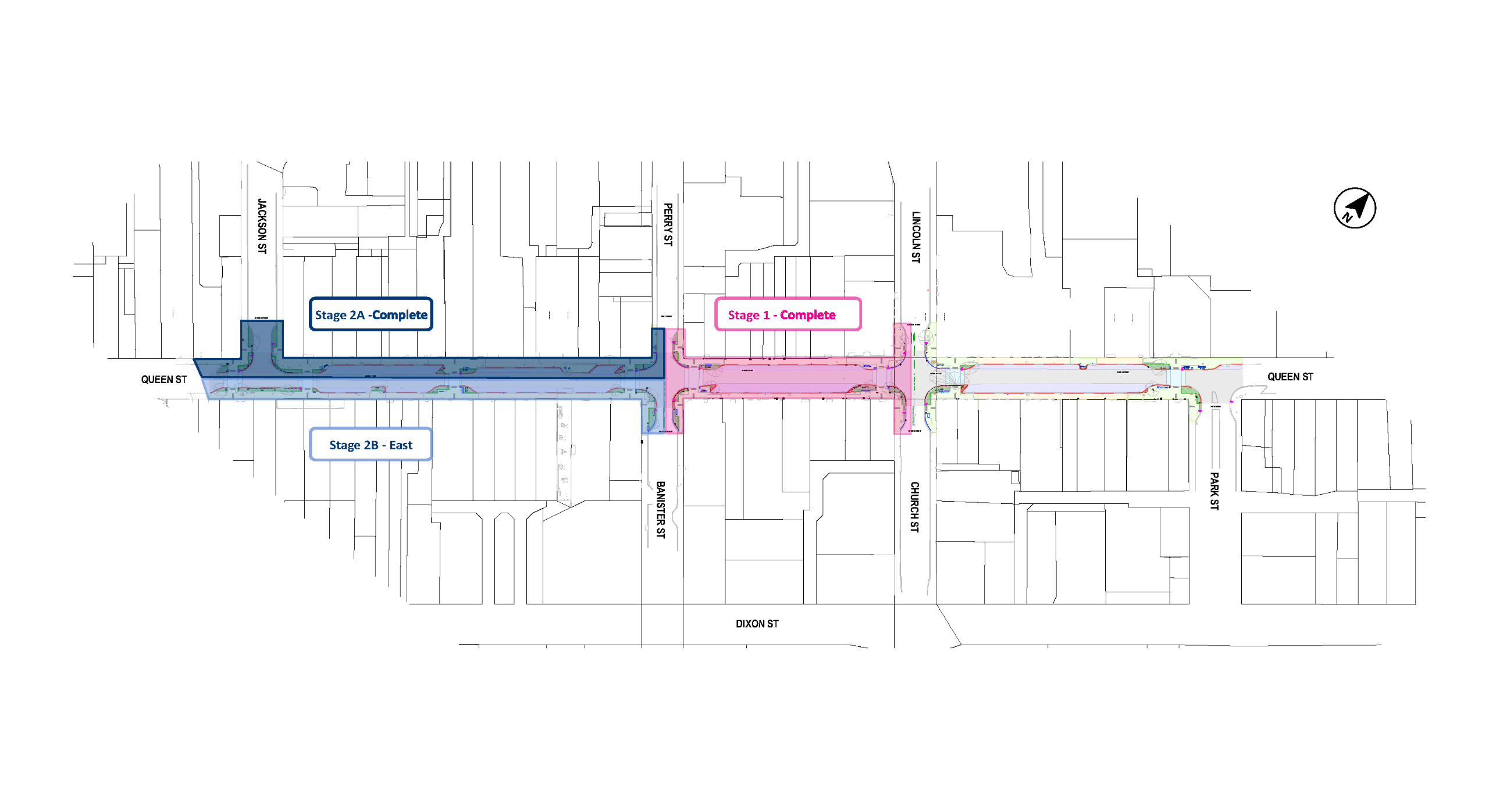 Aerial map showing stage two b in light blue between Jackson Street and Perry Street