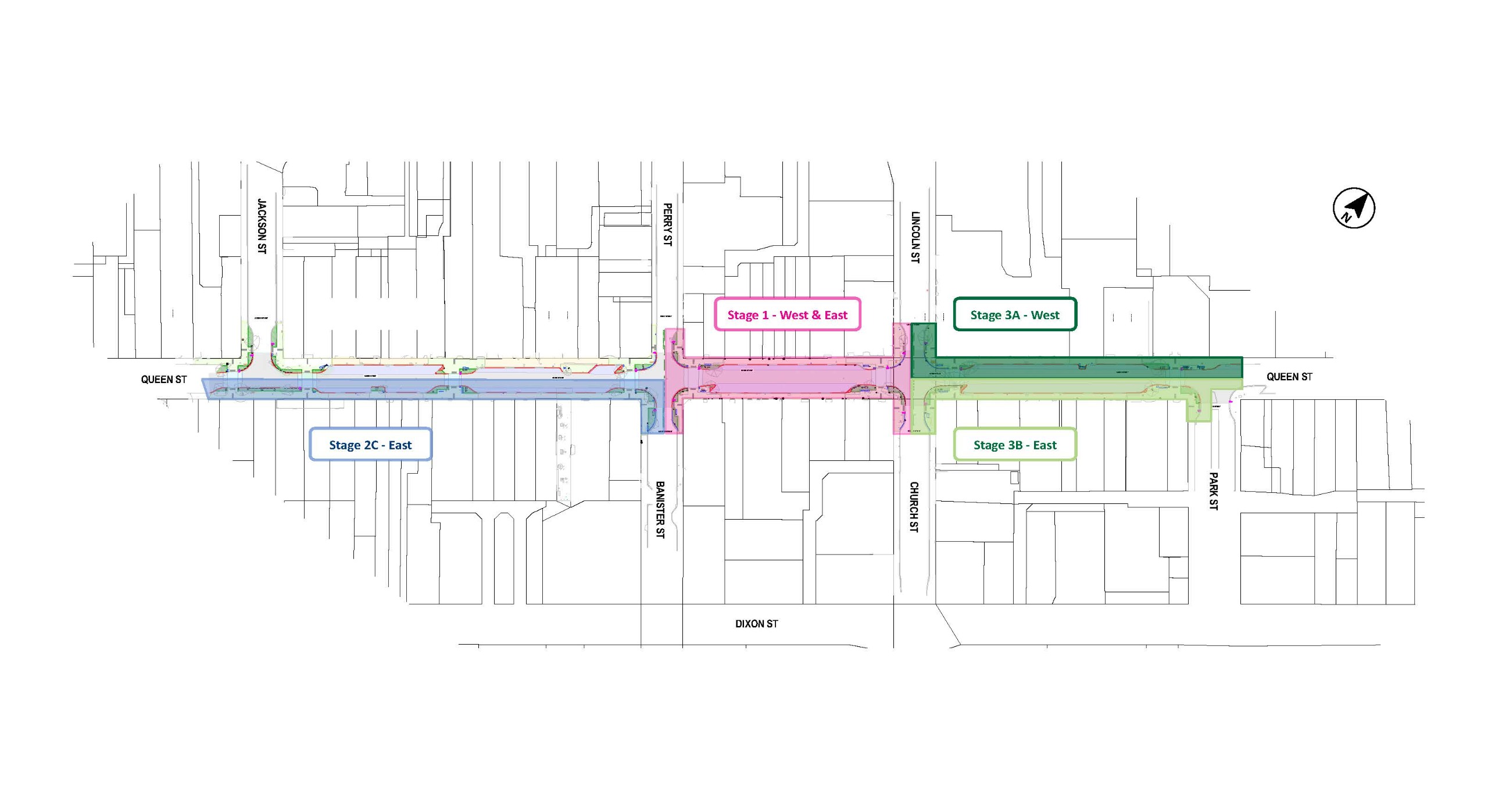 Aerial map showing stage two C in light blue between Jackson Street and Perry Street