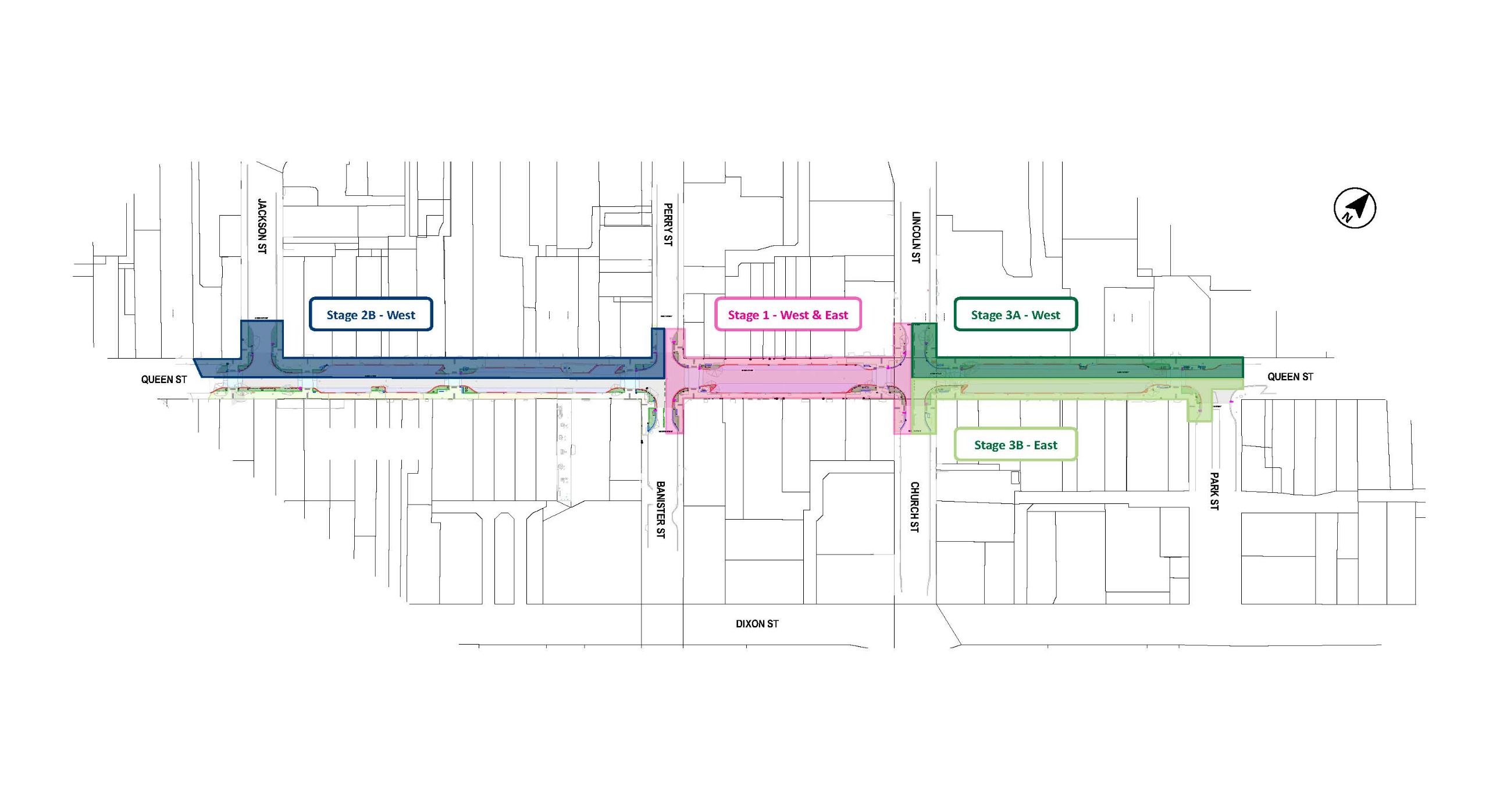Aerial map showing stage two b in light blue between Jackson Street and Perry Street