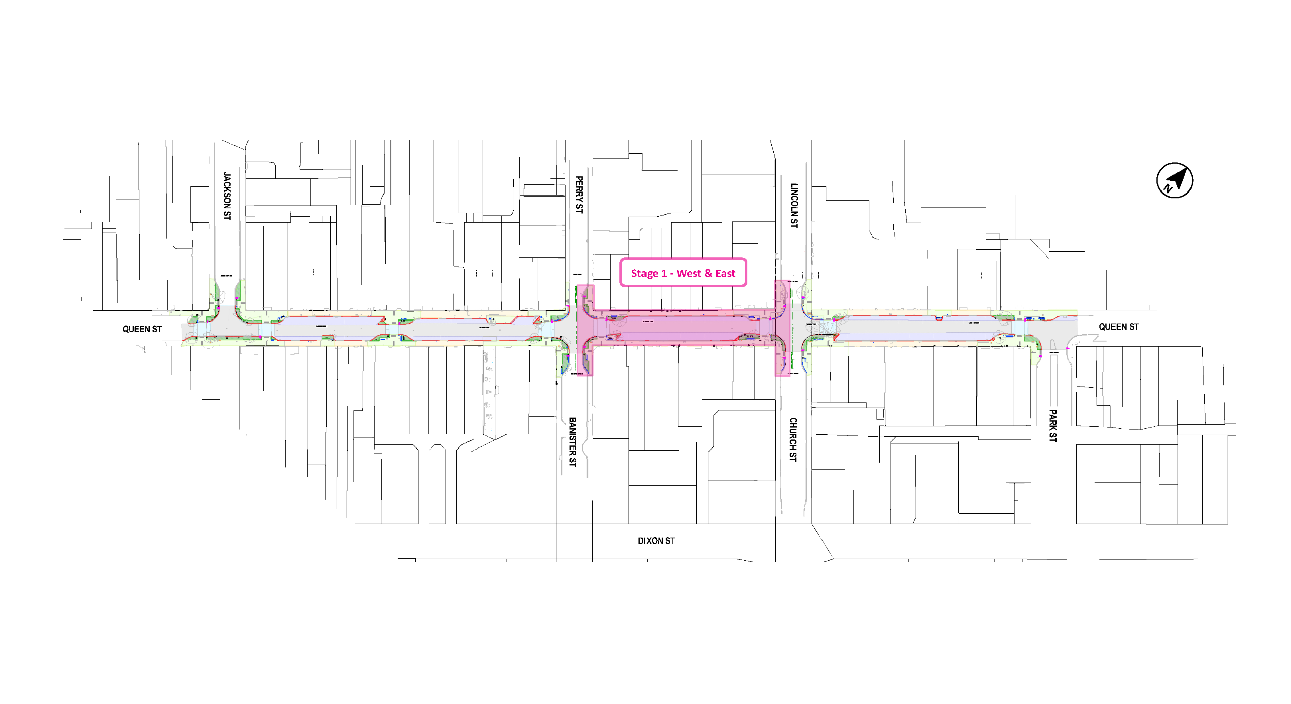 Aerial image of queen street showing stage one in pink between Perry Street and Lincoln Road