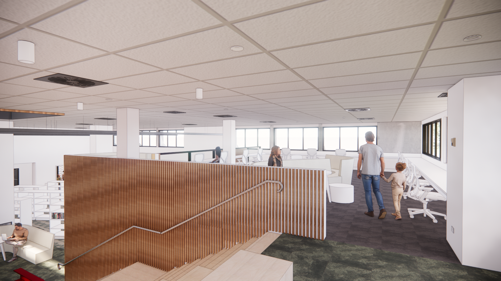 Drawing of upstairs interior showing public work space.