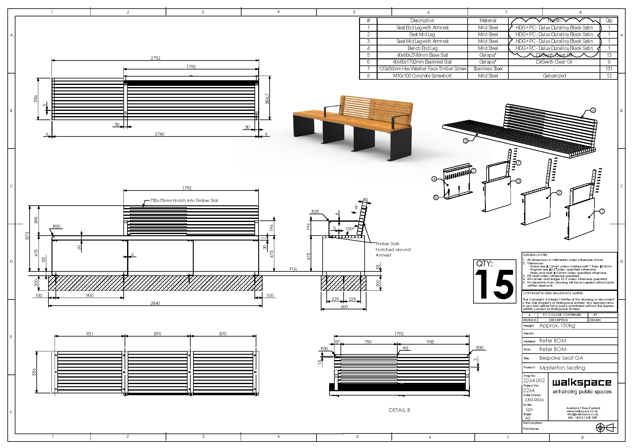 A technical drawing showing a wooden seat.