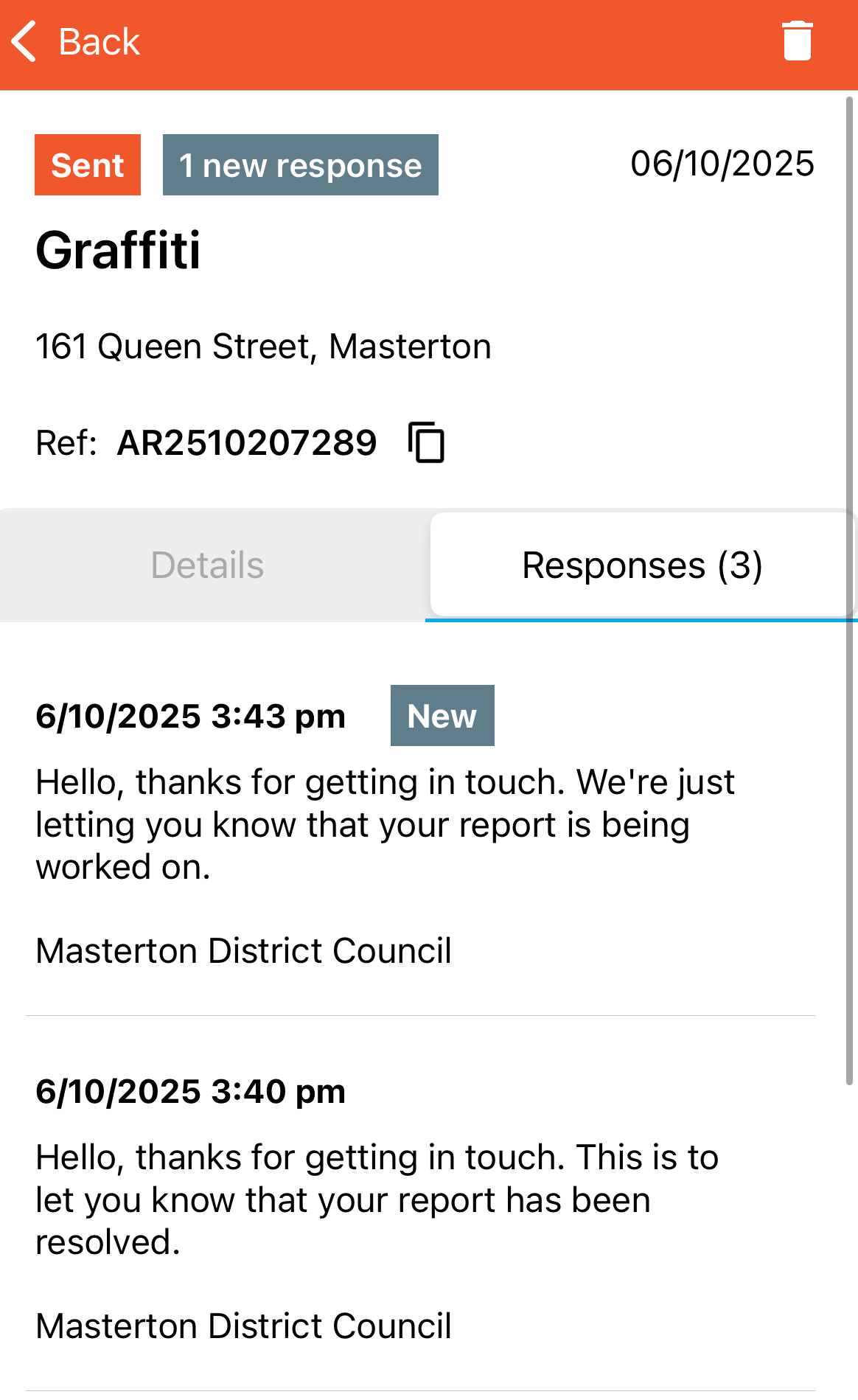 Screenshot showing report responses in Antenno App