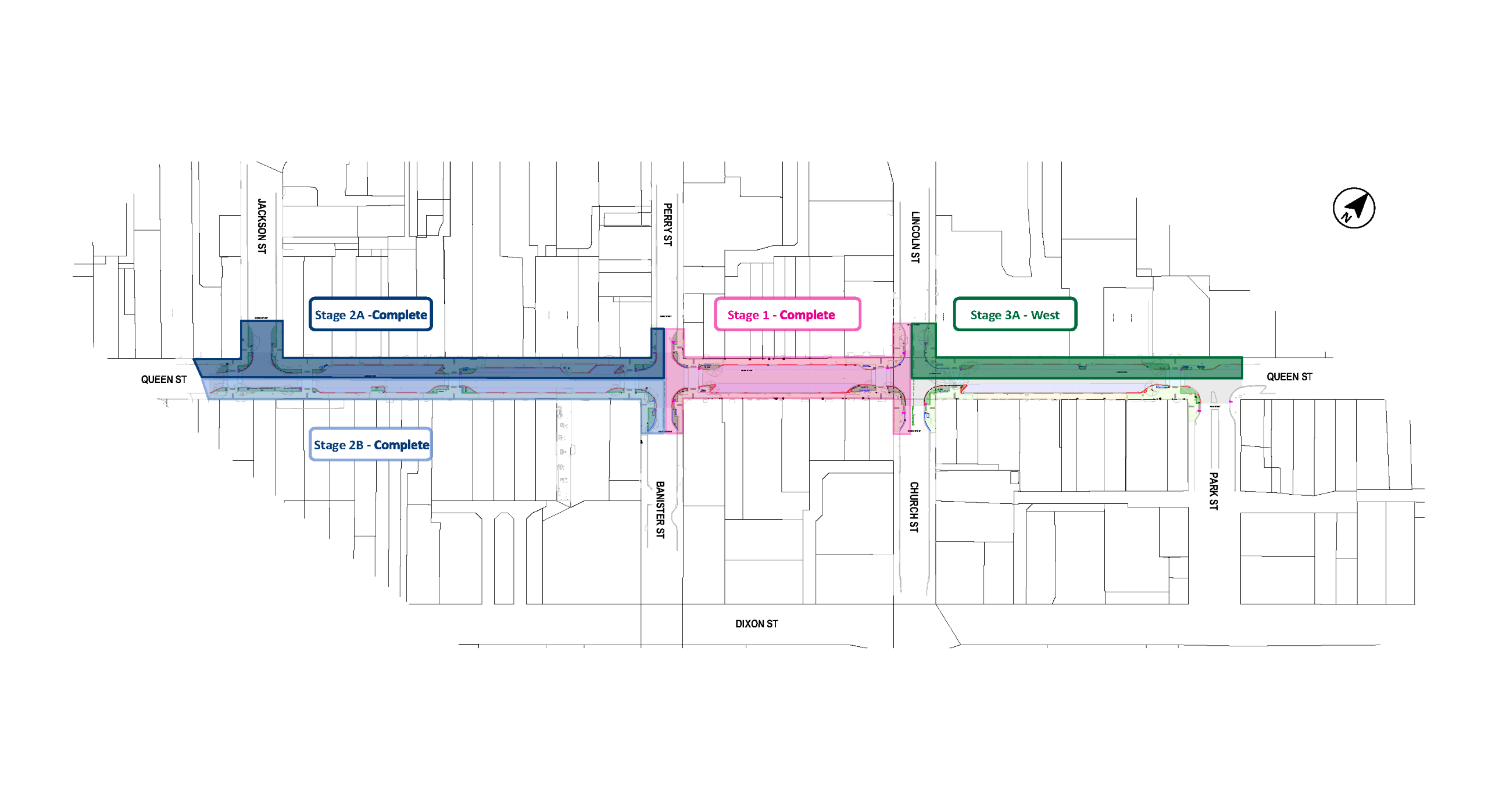 Aerial map showing stage three b in dark green between Lincoln Road and Park Street