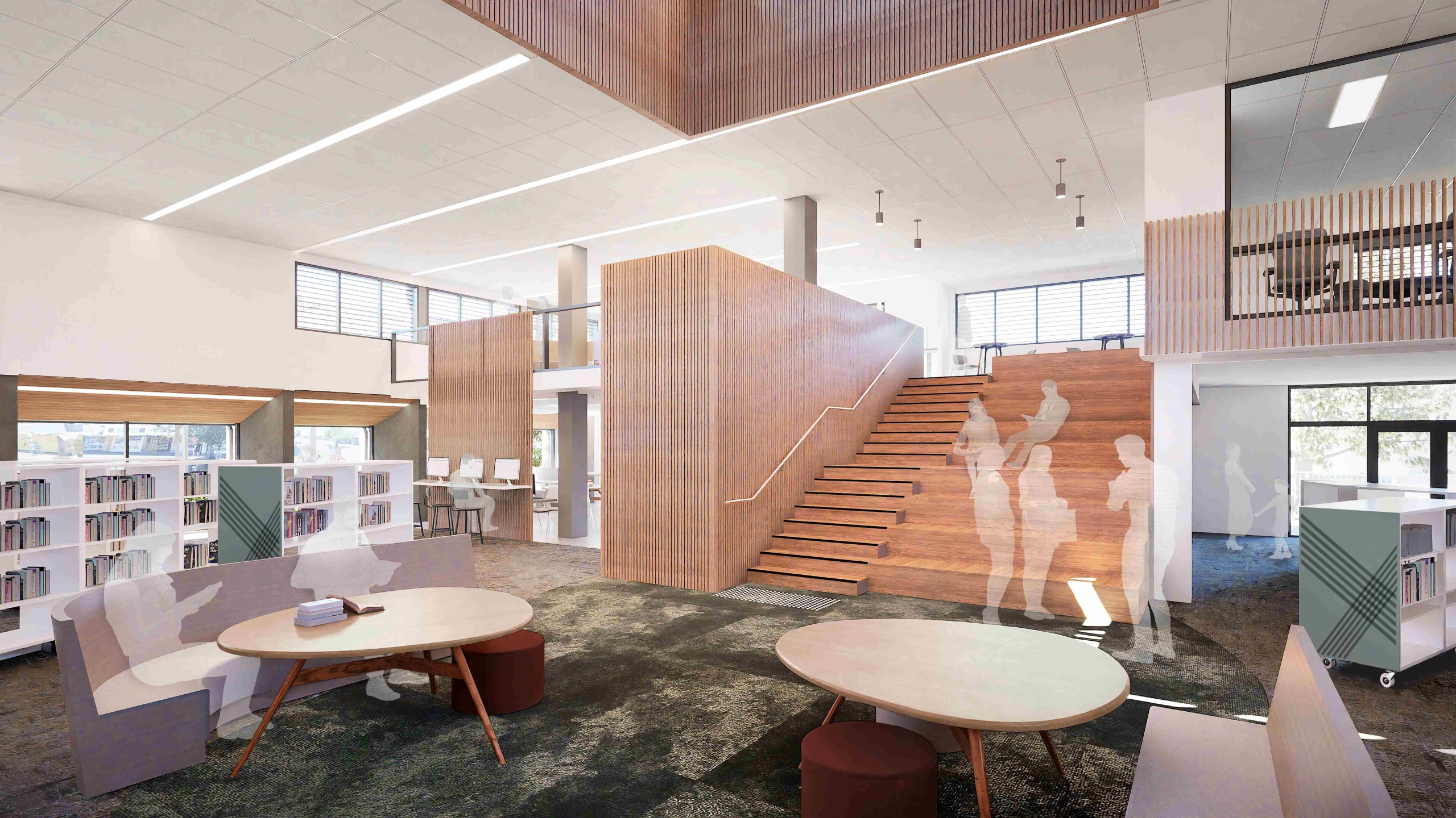 Drawing of interior of refurbished library showing stairs leading to second storey