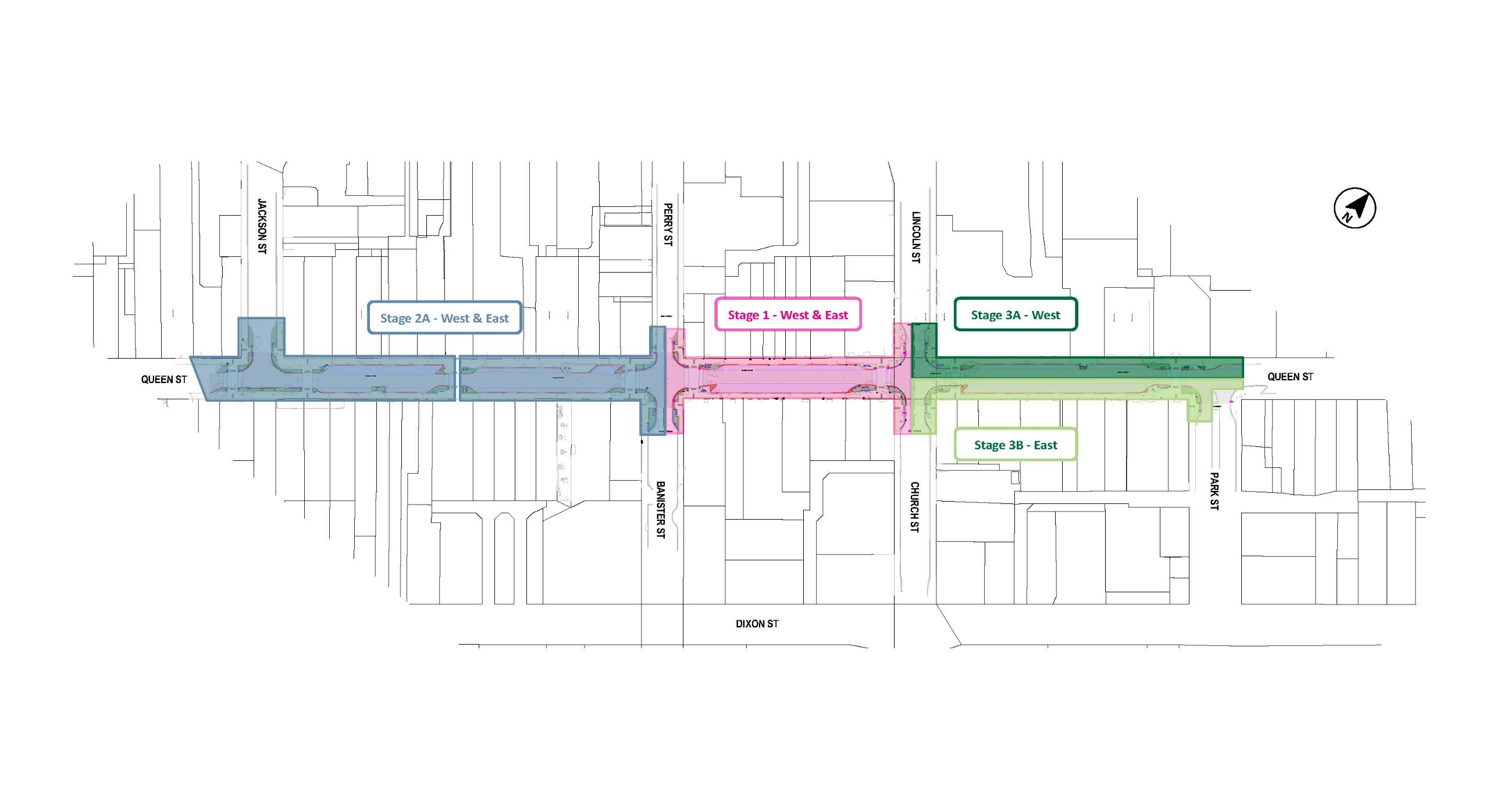 Aerial map showing stage two in dark blue between Jackson Street and Perry Street